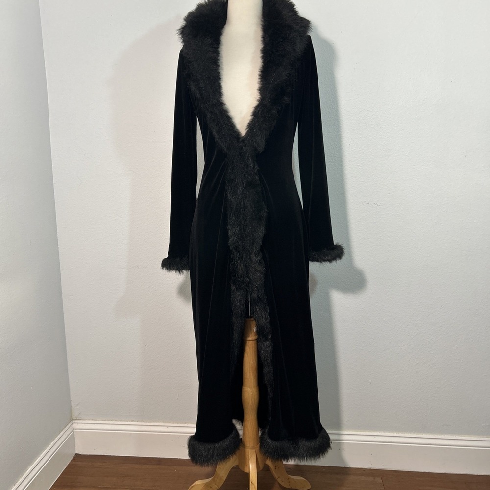 Betsey Johnson Penny Lane Coat Womens‎ S Black Velvet Faux Fur Trim Y2K Glam